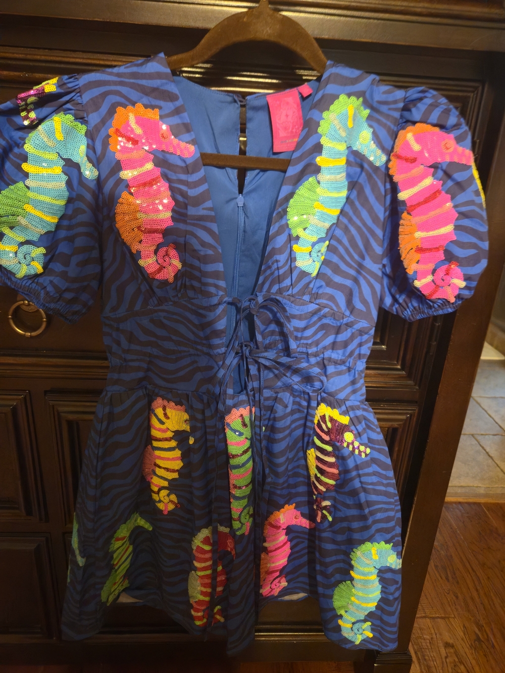 QUEEN OF SPARKLES Blue Zebra Sequin Seahorse Mini Dress